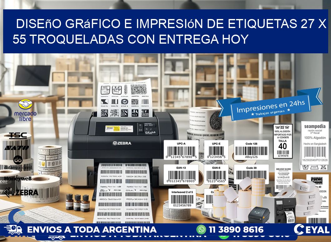 Diseño gráfico e impresión de etiquetas 27 x 55 troqueladas con entrega hoy