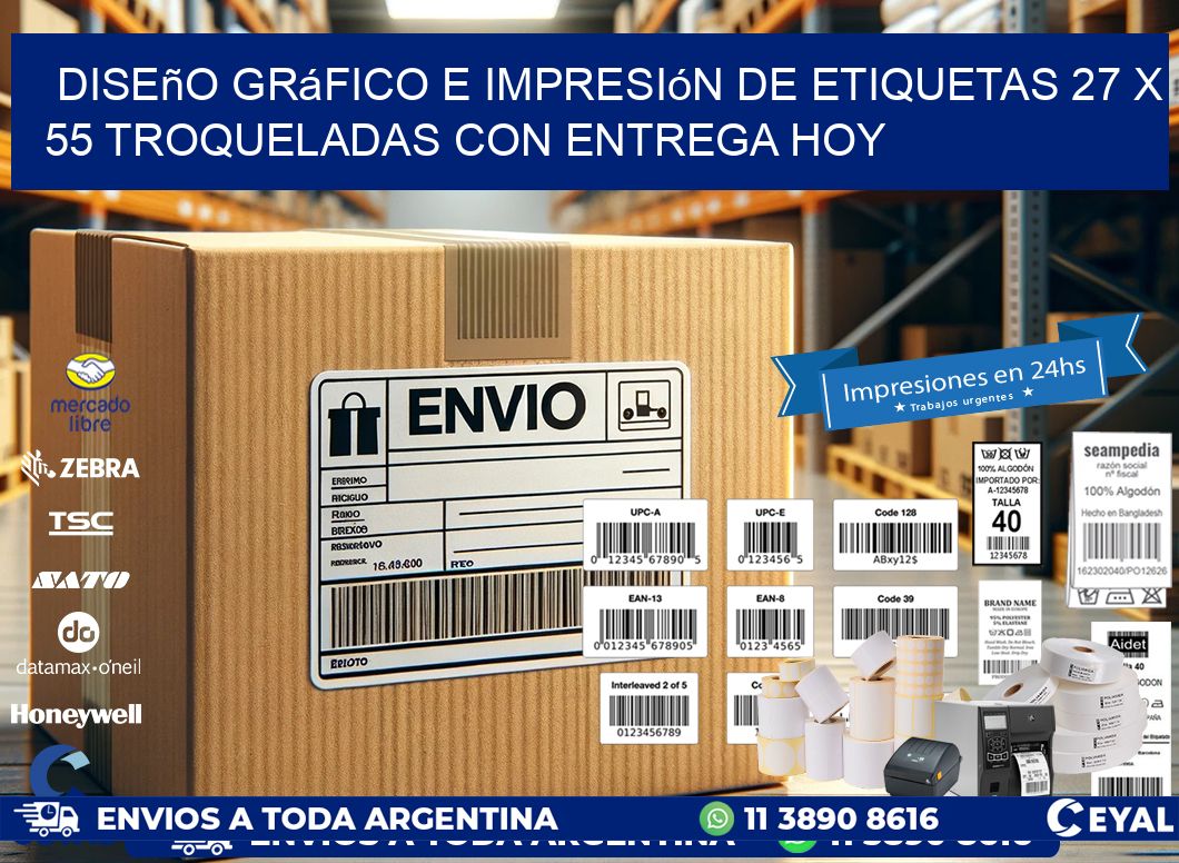 Diseño gráfico e impresión de etiquetas 27 x 55 troqueladas con entrega hoy