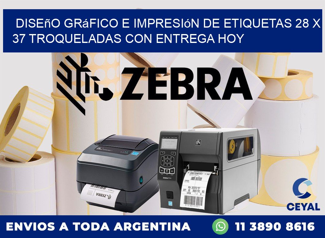 Diseño gráfico e impresión de etiquetas 28 x 37 troqueladas con entrega hoy