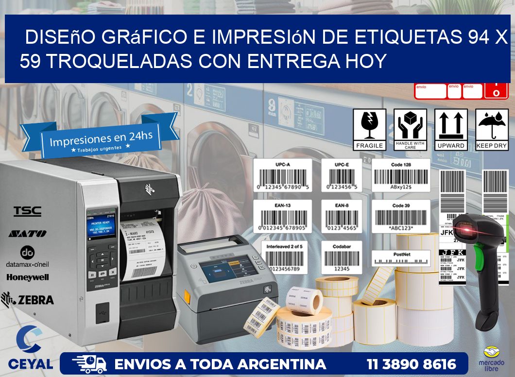 Diseño gráfico e impresión de etiquetas 94 x 59 troqueladas con entrega hoy