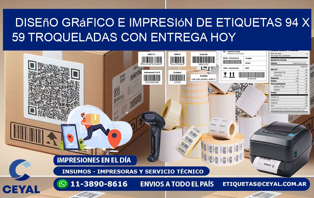 Diseño gráfico e impresión de etiquetas 94 x 59 troqueladas con entrega hoy