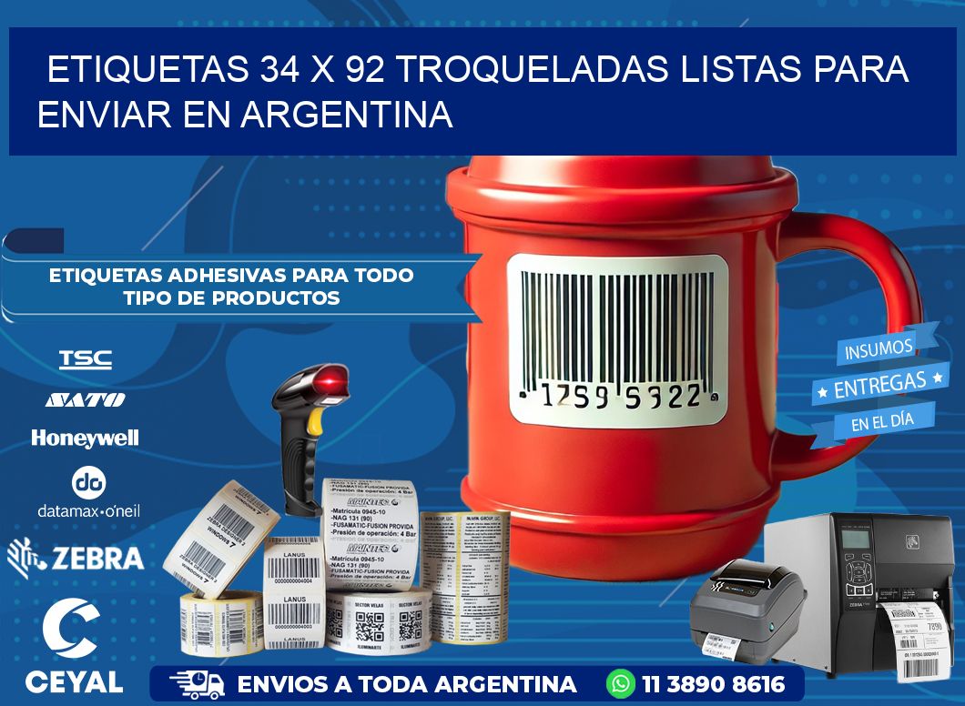 Etiquetas 34 x 92 troqueladas listas para enviar en Argentina