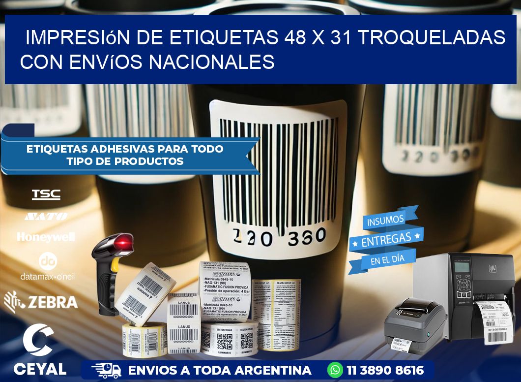 Impresión de etiquetas 48 x 31 troqueladas con envíos nacionales