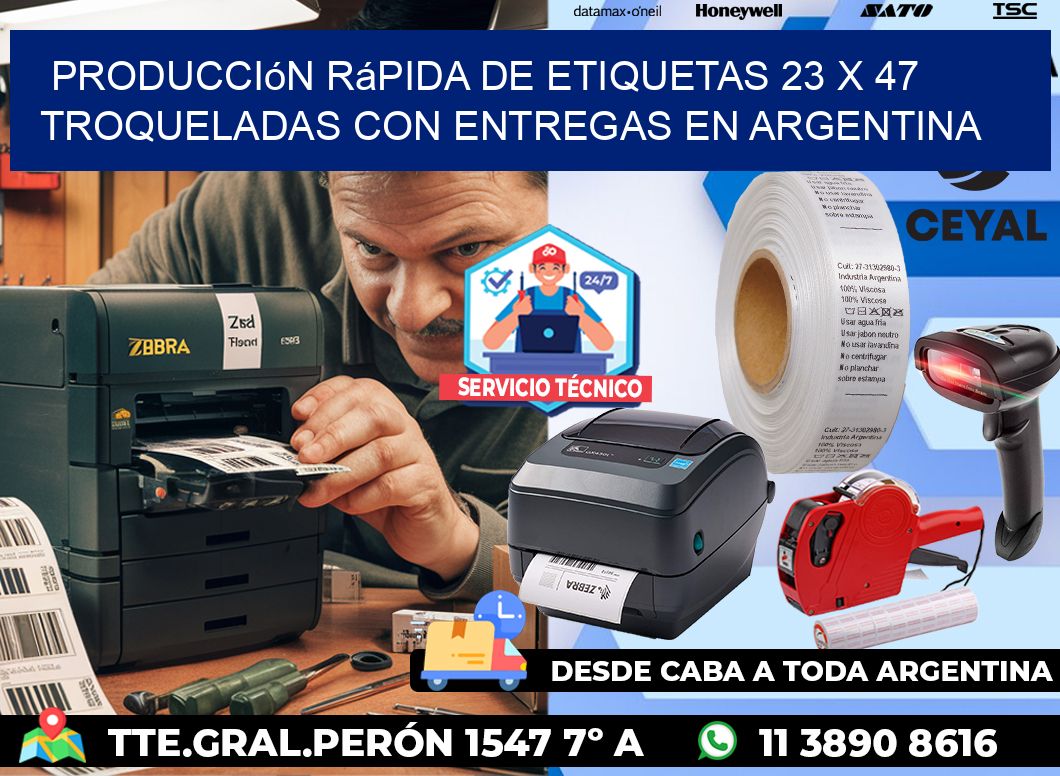 Producción rápida de etiquetas 23 x 47 troqueladas con entregas en Argentina