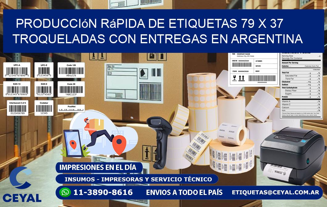 Producción rápida de etiquetas 79 x 37 troqueladas con entregas en Argentina