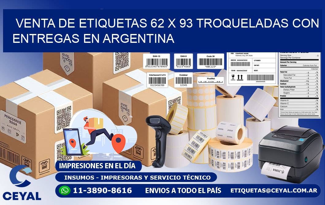 Venta de etiquetas 62 x 93 troqueladas con entregas en Argentina