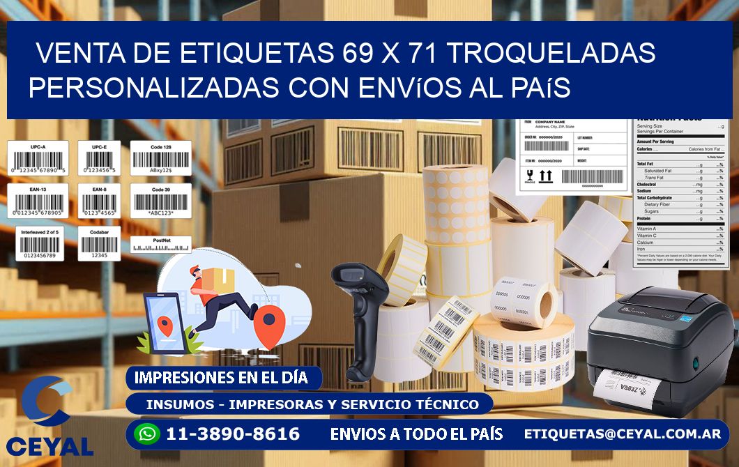 Venta de etiquetas 69 x 71 troqueladas personalizadas con envíos al país