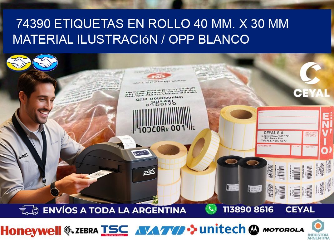 74390 Etiquetas en rollo 40 mm. x 30 mm material Ilustración / OPP Blanco