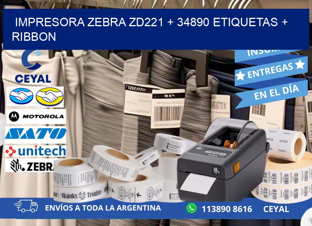 impresora zebra zd221 + 34890 etiquetas + ribbon