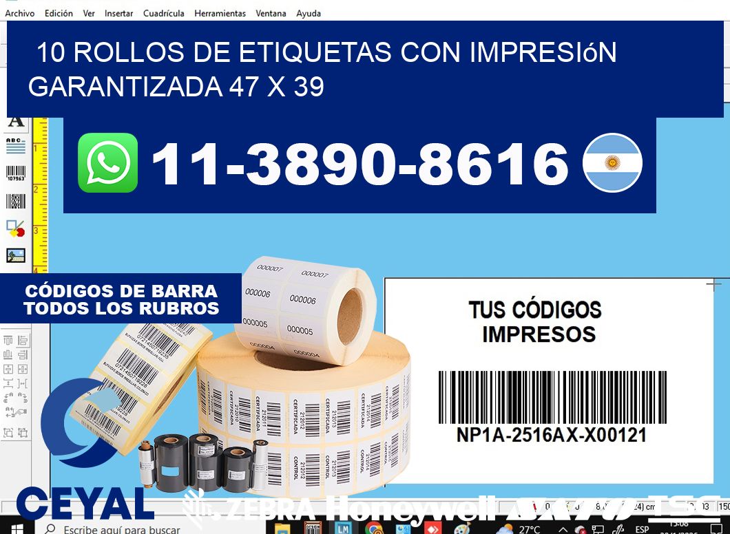 10 rollos de etiquetas con impresión garantizada 47 x 39