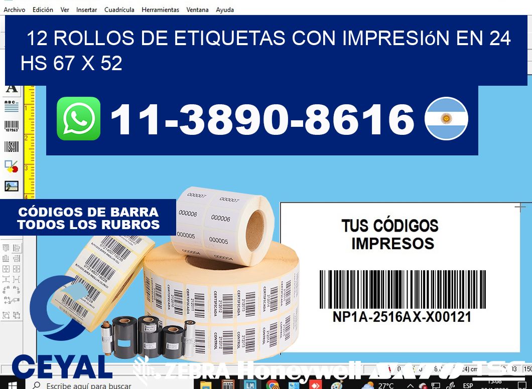 12 rollos de etiquetas con impresión en 24 hs 67 x 52