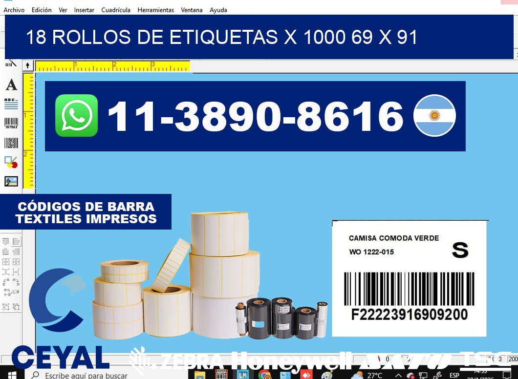 18 rollos de etiquetas x 1000 69 x 91