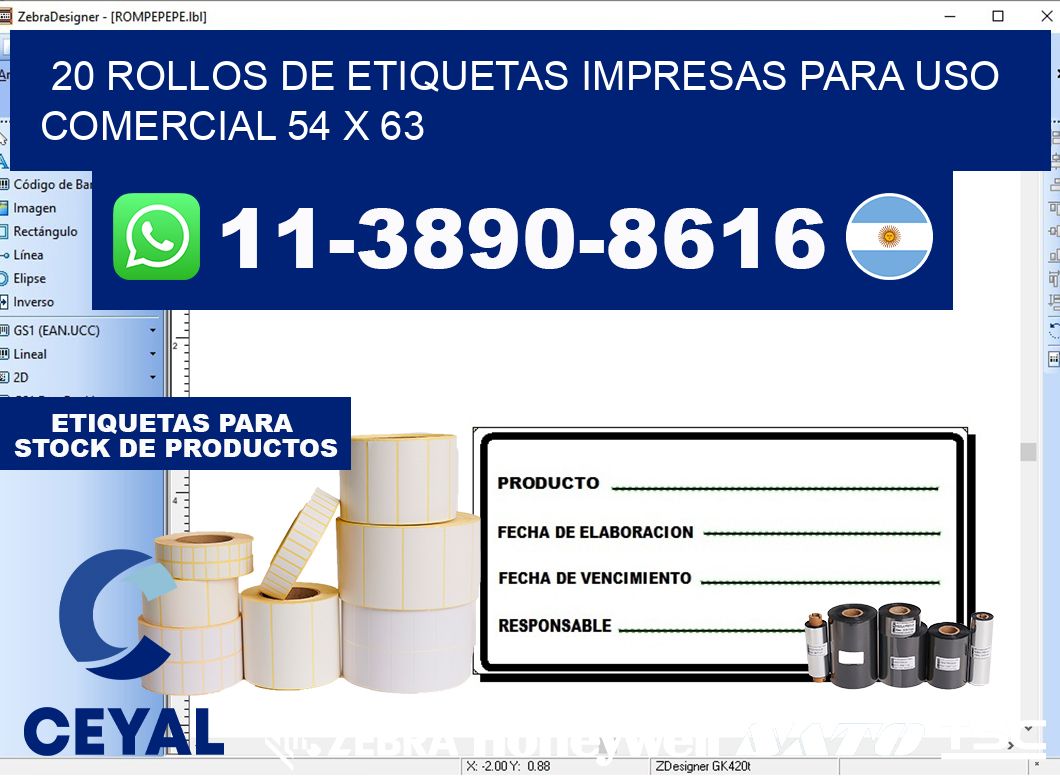 20 rollos de etiquetas impresas para uso comercial 54 x 63