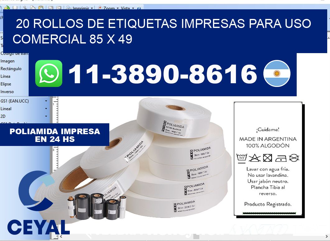 20 rollos de etiquetas impresas para uso comercial 85 x 49