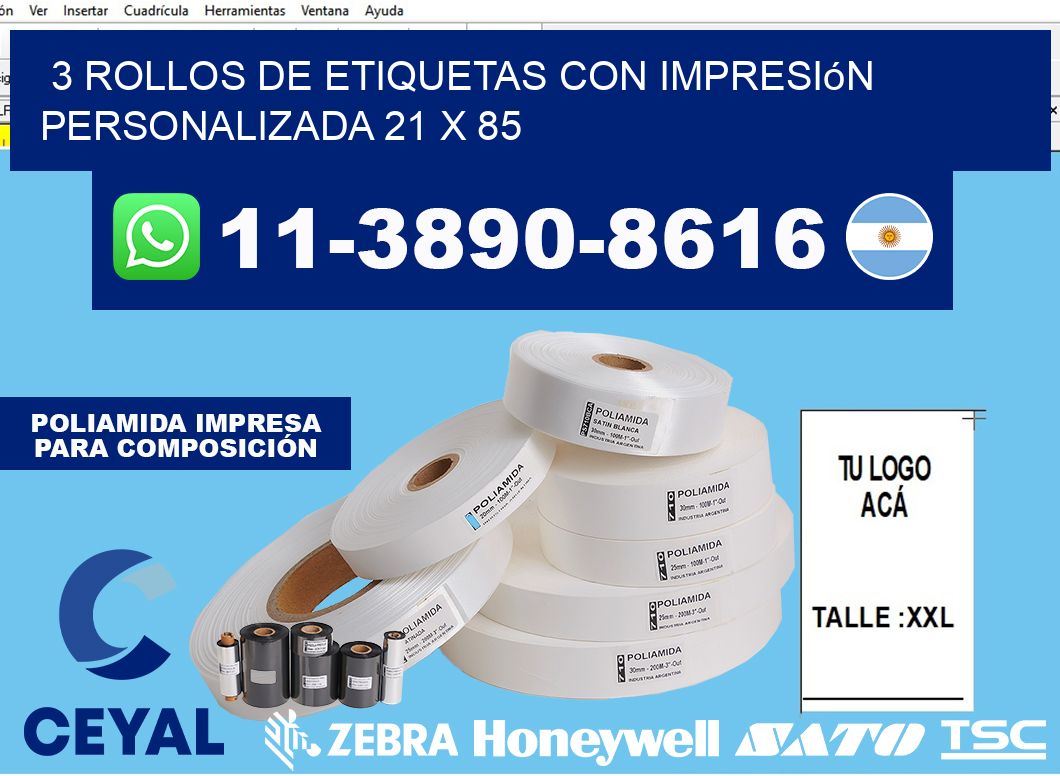 3 rollos de etiquetas con impresión personalizada 21 x 85
