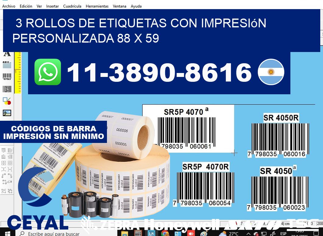 3 rollos de etiquetas con impresión personalizada 88 x 59