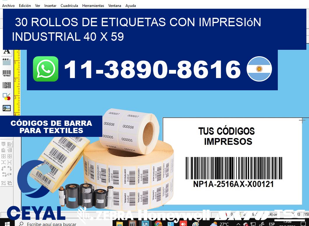 30 rollos de etiquetas con impresión industrial 40 x 59