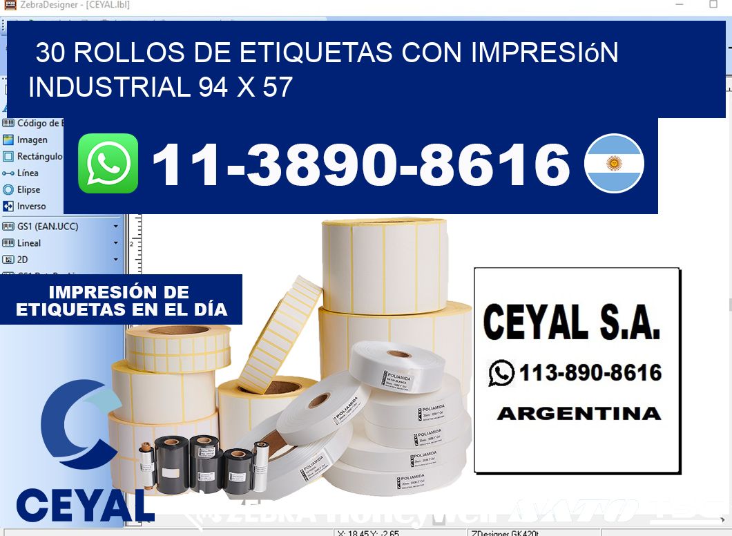 30 rollos de etiquetas con impresión industrial 94 x 57