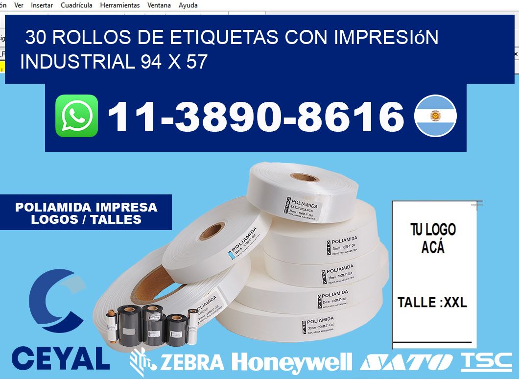 30 rollos de etiquetas con impresión industrial 94 x 57