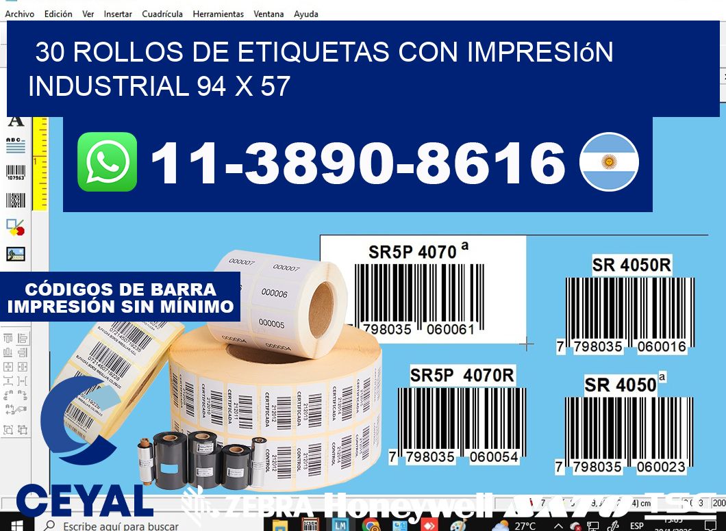 30 rollos de etiquetas con impresión industrial 94 x 57
