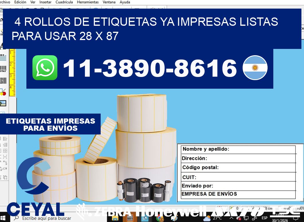 4 rollos de etiquetas ya impresas listas para usar 28 x 87