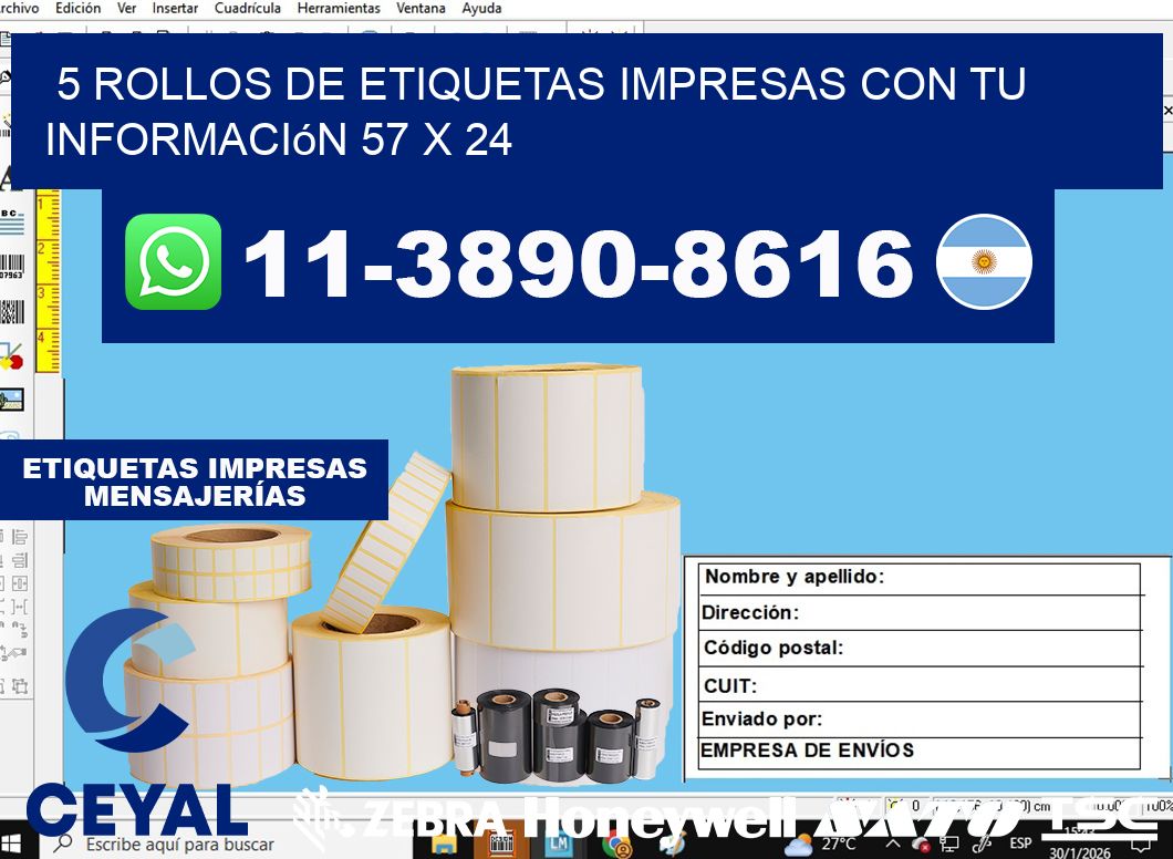 5 rollos de etiquetas impresas con tu información 57 x 24