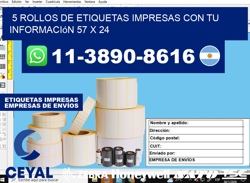 5 rollos de etiquetas impresas con tu información 57 x 24