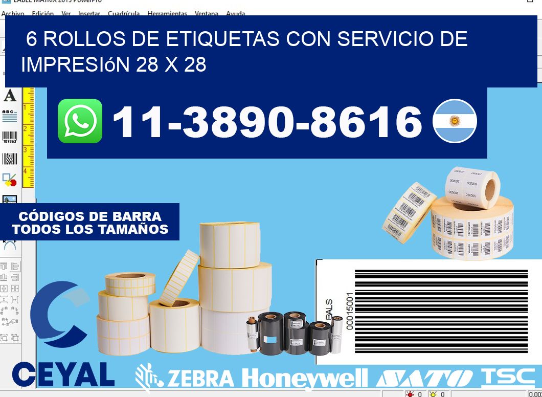 6 rollos de etiquetas con servicio de impresión 28 x 28