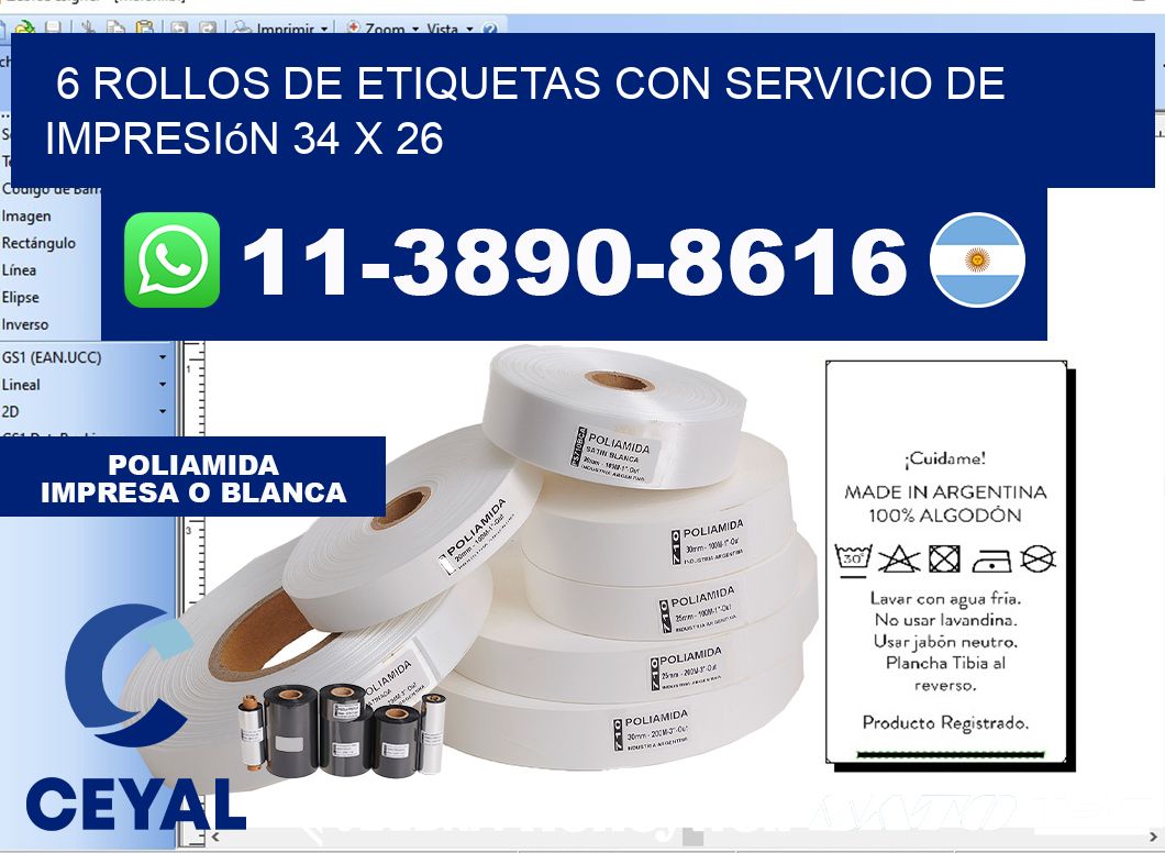 6 rollos de etiquetas con servicio de impresión 34 x 26