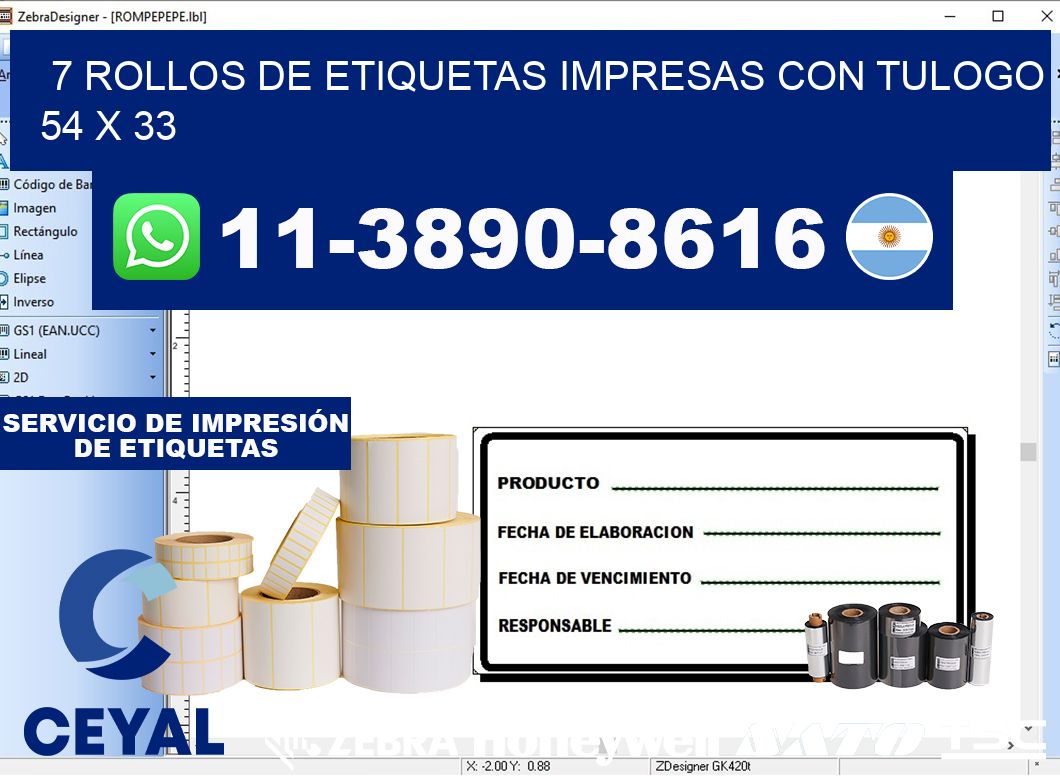 7 rollos de etiquetas impresas con tulogo 54 x 33