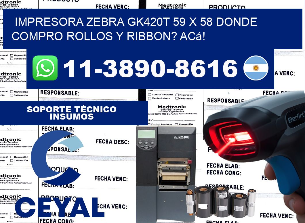 impresora zebra gk420t 59 x 58 Donde compro rollos y ribbon? Acá!