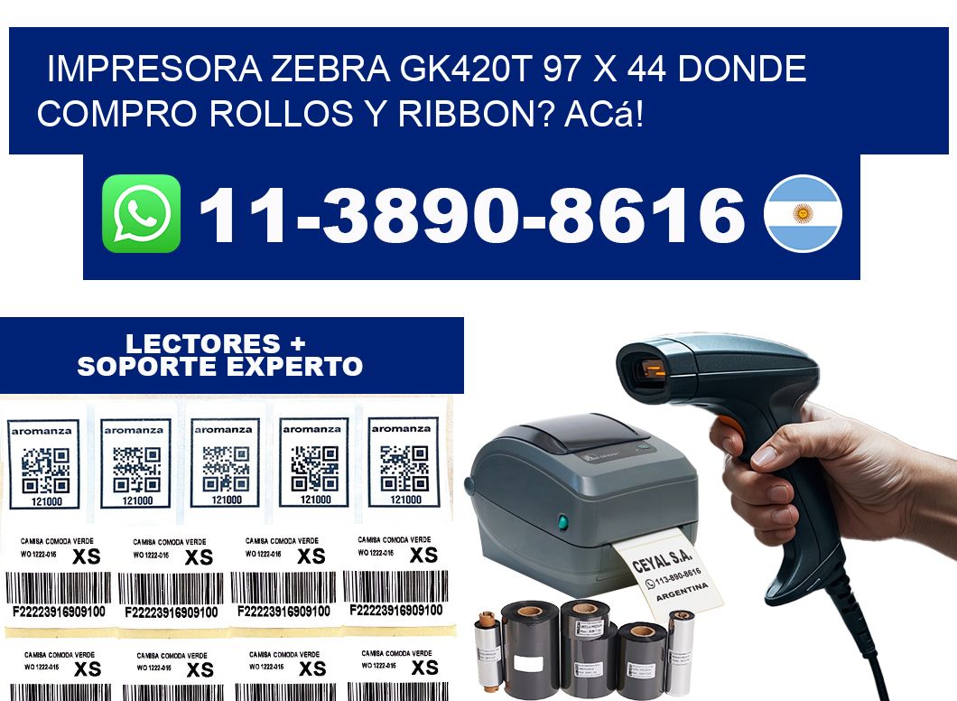 impresora zebra gk420t 97 x 44 Donde compro rollos y ribbon? Acá!
