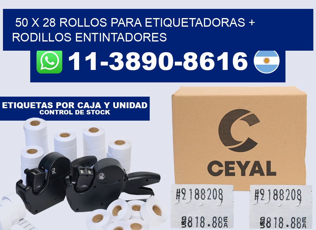 50 x 28 rollos para etiquetadoras + rodillos entintadores
