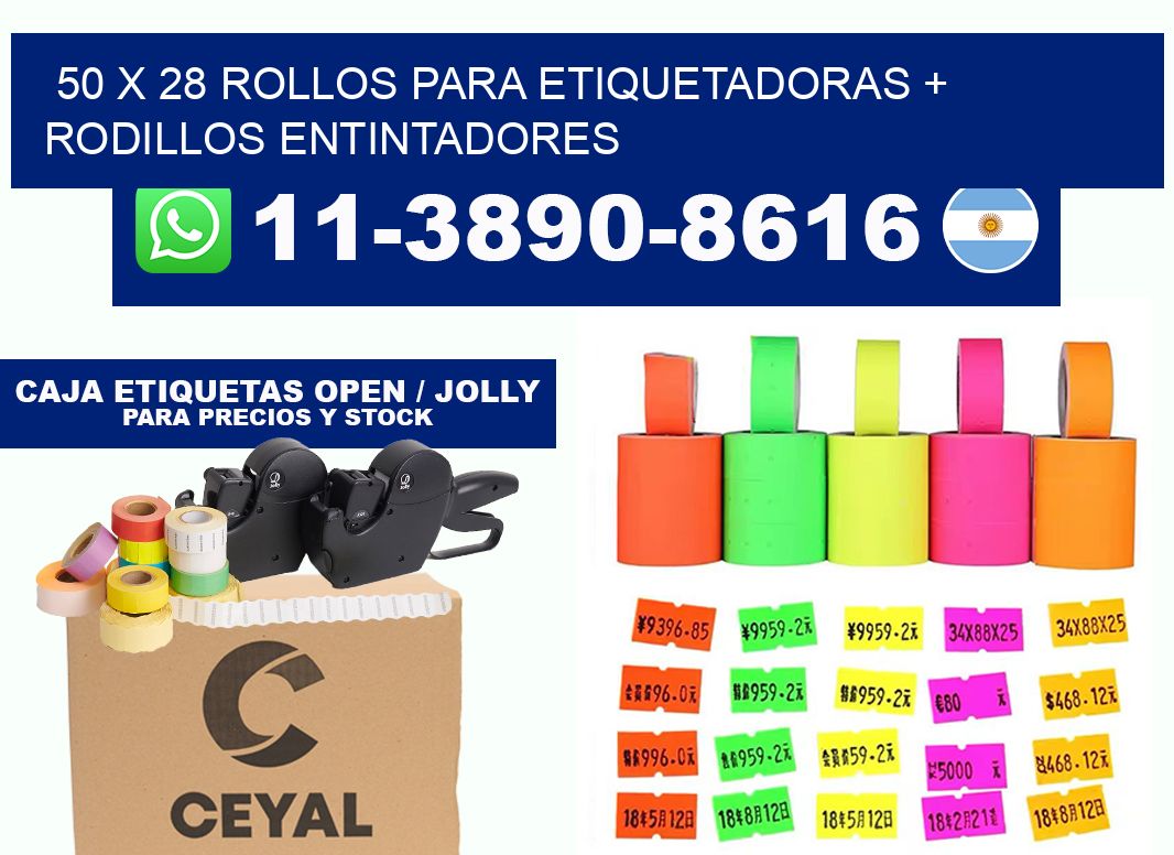 50 x 28 rollos para etiquetadoras + rodillos entintadores